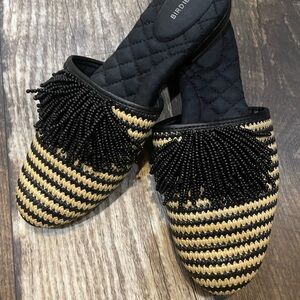 Birdies Black and Tan Mules with Fringe Detail
